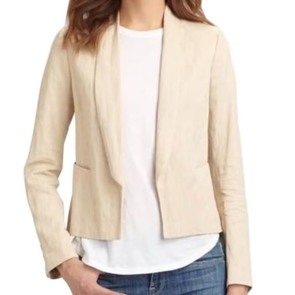 Vince Linen Blend Rustic Open Front Blazer Cropped Oatmeal Beige Size 10 - Picture 2 of 8